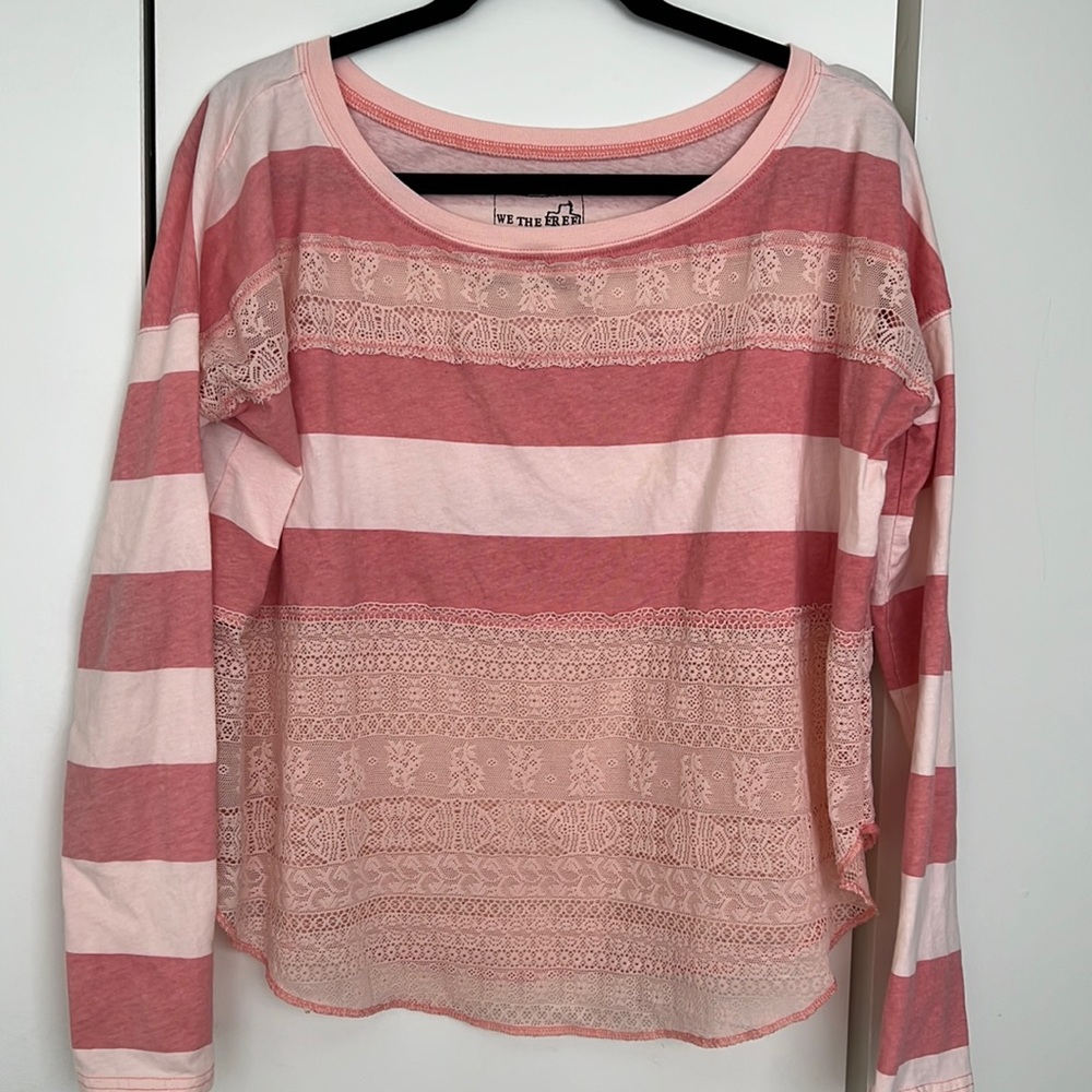 Free People We The Free Pink Striped Lace Long Sleeve Shirt S